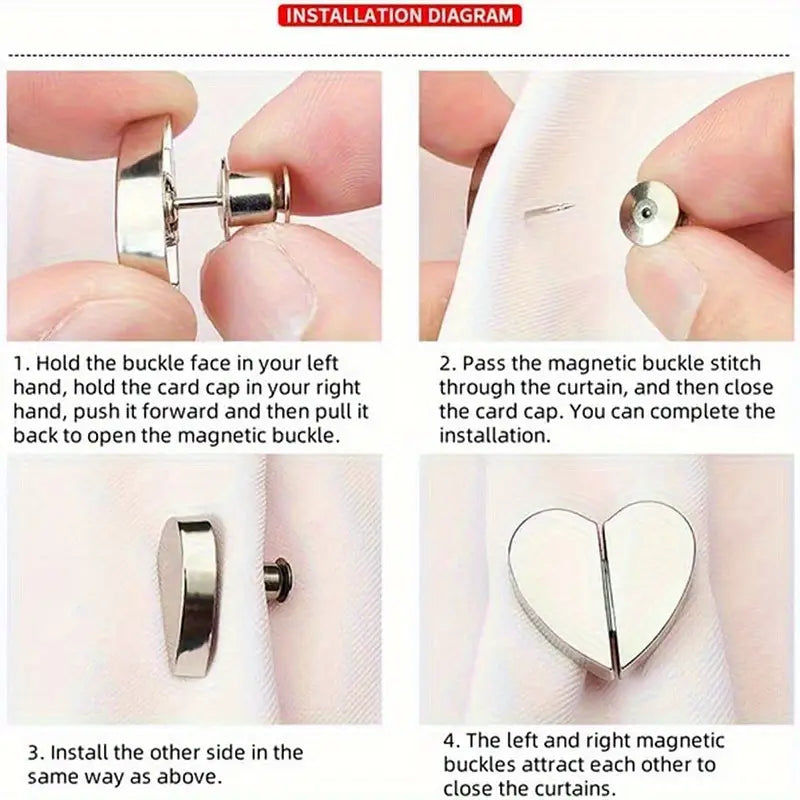 5 Pairs Silvery Heart-Shaped Magnetic Curtain Button Nail Free Detachable Alloy Magnetic Clips for Office Home Kitchen Curtains