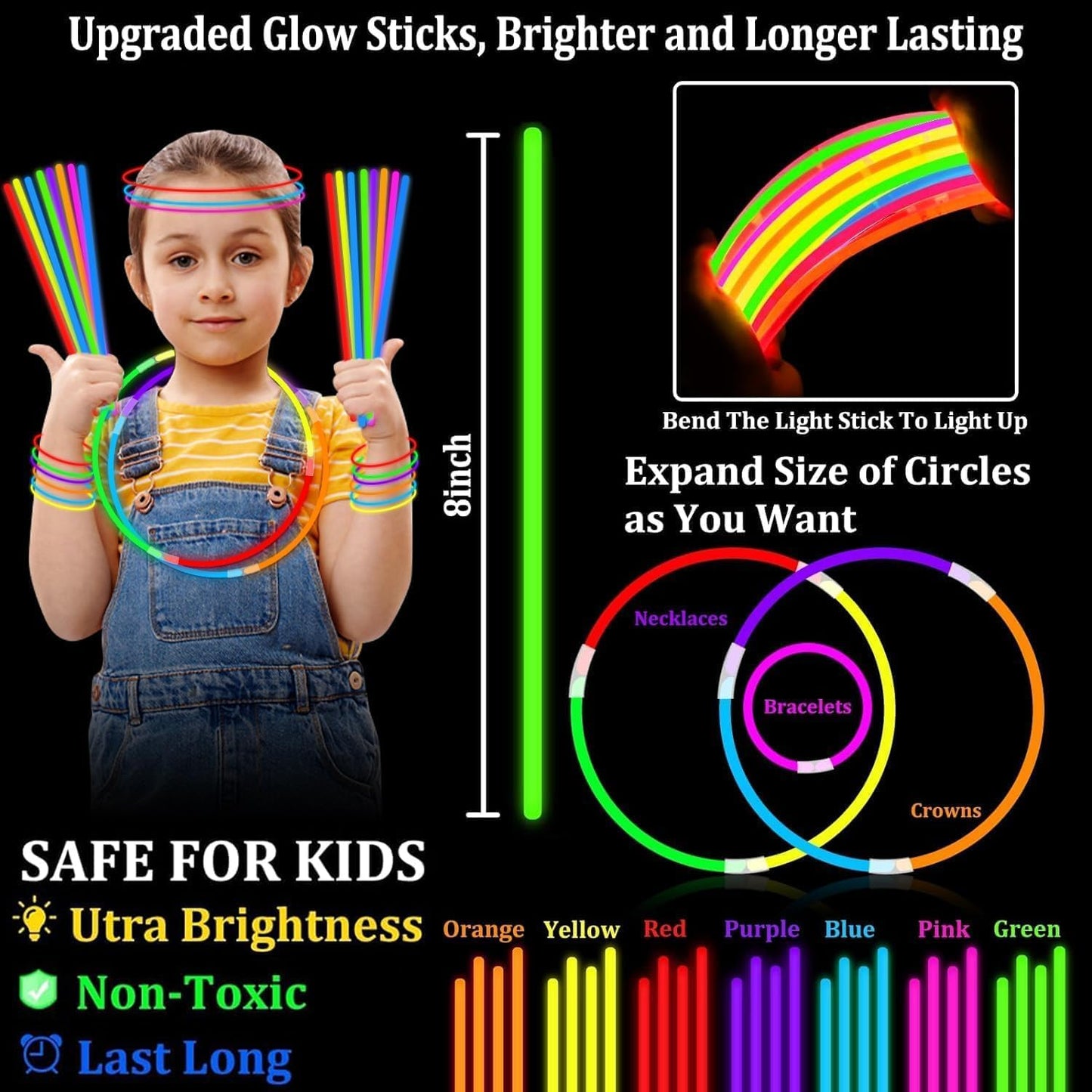 Glow Sticks Bulk Party Pack with Connectors