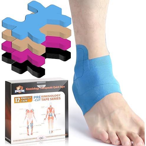 Precut Kinesiology Tape for Ankle- Ankle Support & Stability, Ankle Pain Relief Athletic Tape - Waterproof & Elastic, Breathable Hypoallergenic Latex-Free Tape